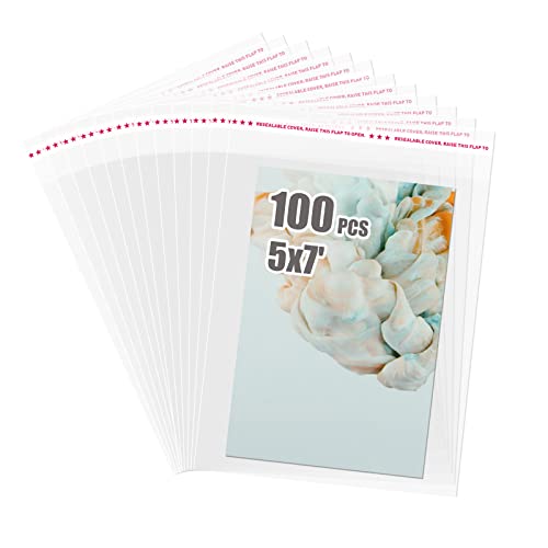 Egofine Self Sealing Cellophane Bags 100 PCS Clear Resealable Sleeves Bags for 5x7 Photo Mats, Bag Size: 5.27x7.2 inches for 5x7 Mats