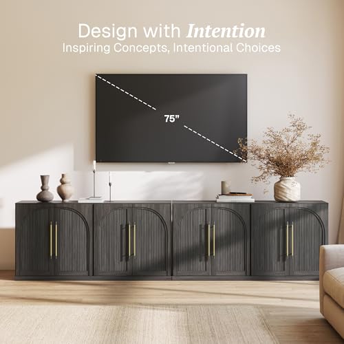 Image of BELLEZE Set of 2 65 inch Sideboard Cabinet with Double-Arc Wood Doors, Large Buffet Cabinet with Storage and Adjustable Shelves, Classic Modern Console Sideboard for Living Room Kitchen Entryway (Ebony)