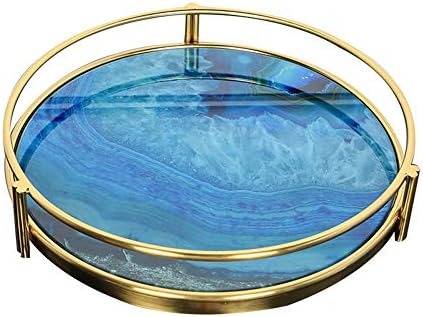 Round Marble Ceramic Decorative Tray, Jewelry Tray Marble Printed Vanity Tray with Gold Stand, for Dresser, Coffee Table Decor Tray, Candle Holder Tray