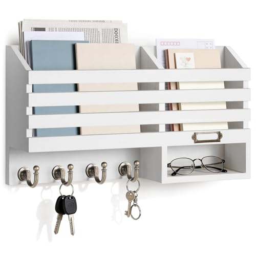 FifthQuarter Mail Holder Wall Mount with 2 Mail Slot and 4 Sturdy Hooks | Cute Rustic Farmhouse Wooden Wall Mail Holder, Reliable Entryway Organizer for Keys and Mails, Easy Installation，C-White