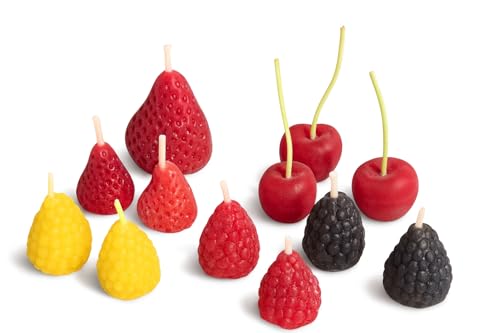 Set of 12 Assorted Fruit Handmade Beeswax Cake Candles with Cotton Wicks Eco-Friendly Cherry Raspberry Strawberry Shaped Candles for Parties Weddings Cupcakes Celebrations (Assorted Fruit)