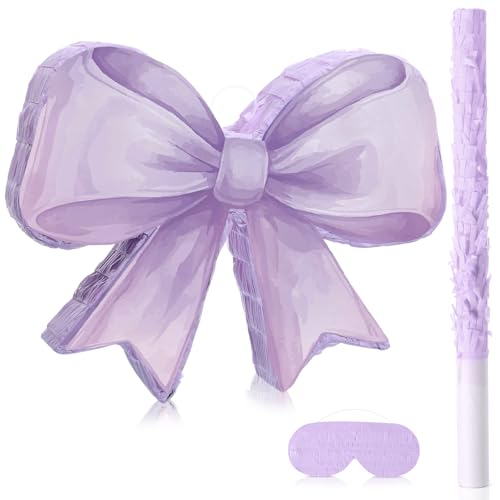 Threan Bow Piñata Bow Party Piñata with Bat Stick Blindfold Mask Coquette Birthday Centerpieces Decorations for Bridal Shower Wedding Anniversary Engagement Supplies (Purple)