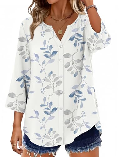 Image of OFEEFAN Button Down Shirts for Women 3 /4 Length Sleeve Tops V Neck Blouses Business Casual Outfits Loose Fit