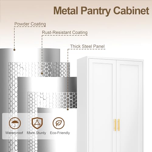 Image of 71 inch H Metal Storage Cabinet, Tall Storage Cabinet with Doors & 4 Adjustable Shelves, White Pantry Cabinet for Kitchen, Dining Room & Living Room