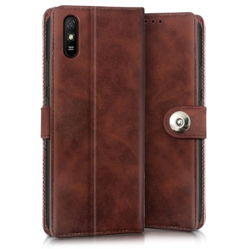Image of WOW IMAGINE Shock Proof Flip Cover Back Case for Xiaomi Mi Redmi 9A | 9i | 9A Sport (Magnetic Button Flip Case | Wallet Pockets & Stand | Leather Finish | Coffee)