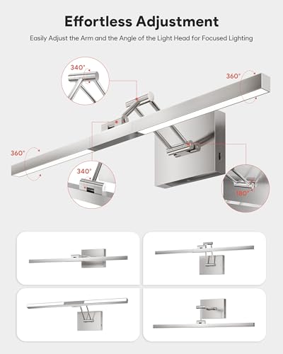 Image of VONLUCE 24 inch Modern LED Bathroom Vanity Light, Brushed Chrome | 3CCT, Flicker-free, 360 Rotatable Head & Swing Arm, IP44 waterproof Bathroom Light Fixture Over Mirror for Bathroom, Picture