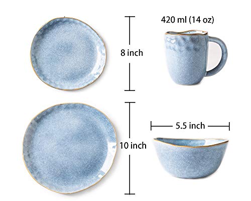 Pangu 16-Piece Dinnerware Sets, Service For 4,Blue, Handmade Random Shaped, 4 Bowls, 4 Dishs, 4 Salad Plates, 4 Mugs, Aquamarine #TOP5