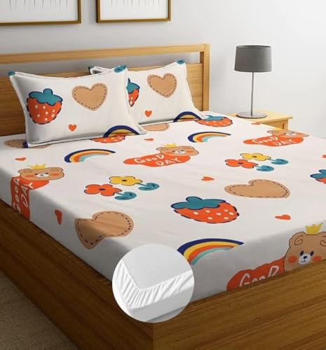 Image of NHD HOME Premium Cotton Elastic Fitted Bedsheets with 2 King Size Pillow Covers | Double Bed with All Around Elastic 180 TC Supersoft /Breathable| Size-78X72+10 inches| Beige Cartoon Print