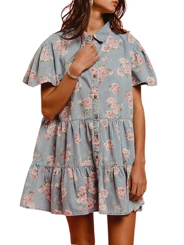 ebossy Women's Sweet Floral Denim Dress Button Up Ruffle Short Sleeve Flowy A Line Tiered Mini Shirt Dress