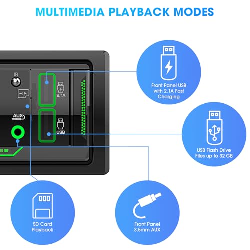 Image of Single Din Bluetooth Marine Radio - in Dash 1-Din Car Stereo Receiver with AM FM Tuner LCD Display SD AUX-in USB Quick Charge APP Control