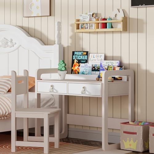 image for Treocho Kids Desk and Chair Set, Study Desk with Drawers, Wooden Child