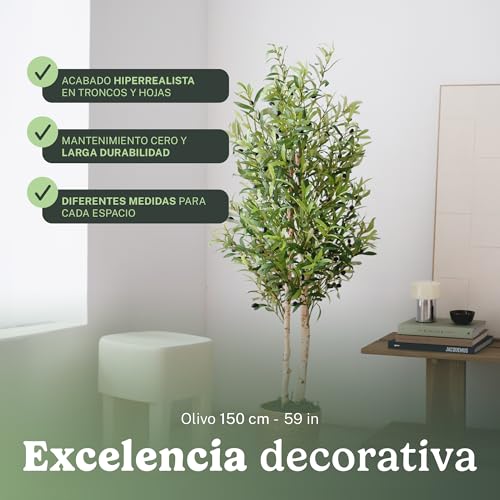 Miniatura 7 de Maia Shop Olivo Artificial 150 Cm Con Tronco Natural Y Aceitunas Decorativas, Planta Artificial Realista Para Decoración De Hogar, Oficina, Hotel O Eventos, Árbol Mediterráneo De Interior