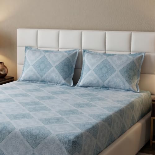 Image of Monte Carlo Eminence Double Bedsheet with 2 Pillow Covers | 144 TC Cotton Bedsheet for Double Bed | Soft & Breathable All Season Bedding Set | Blue Geometric Design | Bedsheet 87 x 100 Inches