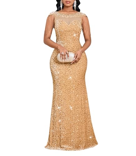 Image of Cololura Women Sexy Sequin Mesh Perspective Bodycon Party Cocktail Evening Gown Maxi Dress
