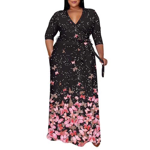 Runwind Plus Size Dress for Women - 3/4 Sleeve V Neck Maxi Dresses for Women (XL-6XL)