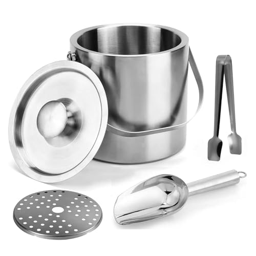 3L 304 Stainless Steel Double-Wall Ice Bucket with Lid, Scoop, Tongs and Strainer - Insulated Stainless Steel Keep Ice Frozen Longer - Ideal for Cocktail Bar, Parties, Chilling Wine, Champagne
