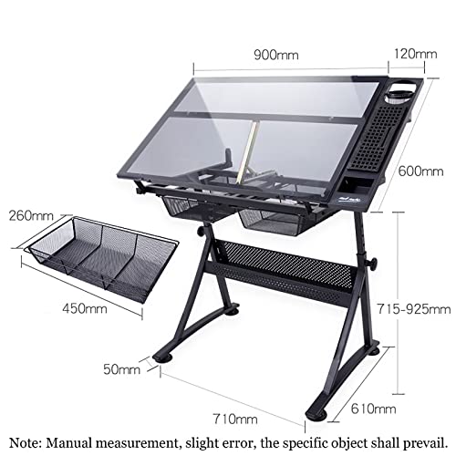 Adjustable Drafting Table, 80° Tiltable Drawing Tabletop with Tempered Glass, Drawing Table Artist Desk with 2 Drawers