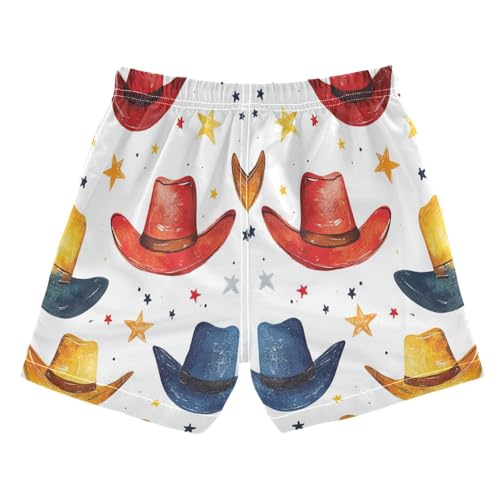 Boys Beach Board Shorts Cowboy Hat Star White Swim Trunk Teen Swimwear2
