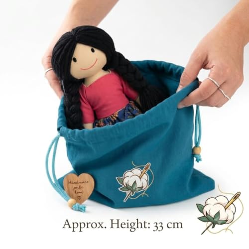 Image of Handcrafted Indian Rag Doll Set, Stitch Soft Toy Doll for Kids, Soft Cotton Fabric Yarn Cloth Doll, Traditional South Indian Soft Toys (Pink and Blue, Pink with Blue Floral)