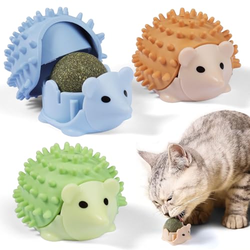 Boule Herbe à Chat à Lécher, Boule Herbe a Chat Murale Jouet pour Chat Interieur Catnip Ball Rotatives à 360 ° Jeux Chat avec Brosse Auto Toiletteur pour Chat (3 Pcs)