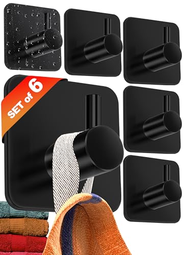 4smile Self Adhesive Hooks - Set of 6, Black - Waterproof Sticky Hooks for Hanging Towels - Stick on for Heavy Duty Waterproof, Bathroom Towel Rail, Tea Towel Holder
