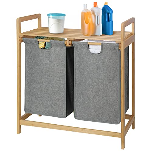 Bellzacasa Bambus-Wäschekorb, 2 Fächer, Wäschekorb, Bambus, Wäschekorb, Organizer mit 2 herausnehmbaren grauen Einlagen, für Badezimmer, Wohnzimmer, Schlafzimmer Cover