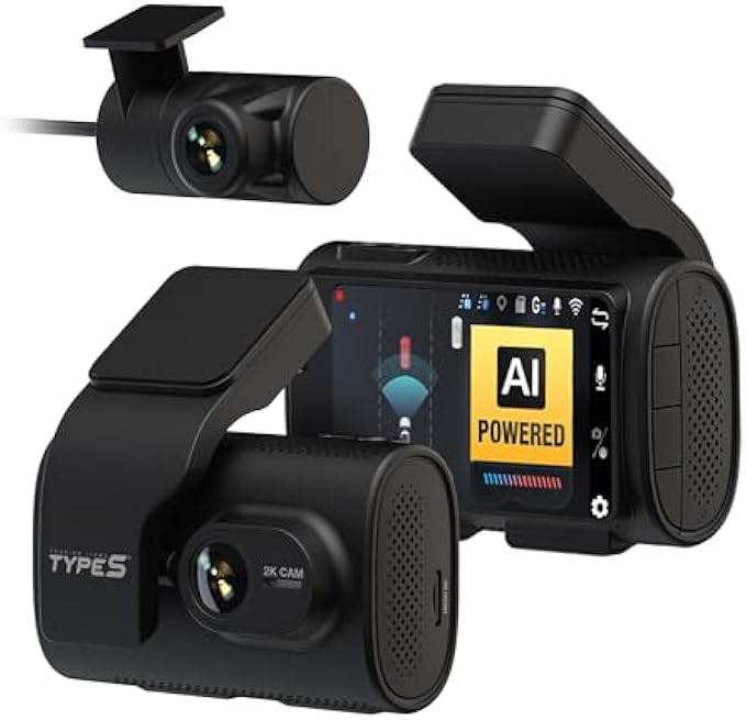 Type S T200 AI Driver Assistance Dash Cam Powered by ADAS, 1440p, Collision Alerts, Lane and Pedestrian Detection, Vehicle Departure Reminders, Front Rear 2 Channel Smart 24/7 Video Surveillance