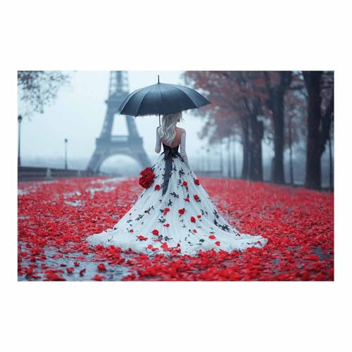 Poster femme parapluie pétales rouges TERUEA affiche rétro moderne 70x100