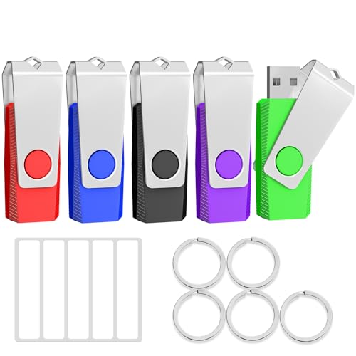 TEWENE USB Memory Stick 8GB USB Stick 2.0 Flash Drive 5-Pack,USB Thumb Drive Pen Drive,USB Storage with Key Ring and Sticker for Computers, Cars and TVs