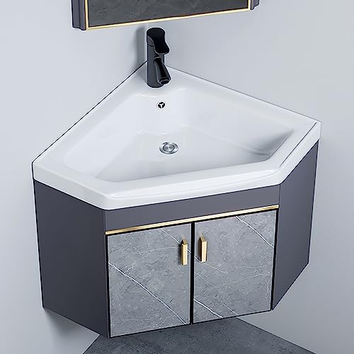Lavabo de esquina pequeño para baños estrechos con mueble y grifo 6