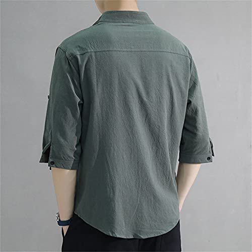 Generic Mens 3/4 Sleeve Shirts Summer Button Down Blouse Solid Color Cotton Linen Shirt Big and Tall Quick Dry Clothing Green, Large3