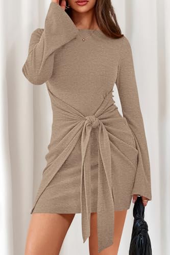 dowerme Women's Casual Mini Dress 2026 Bell Long Sleeve Boat Neck Tie Waist Bodycon Dresses Knitted Party Fall Outfits(Camel,Medium) — view 4