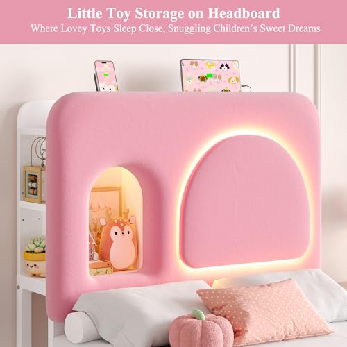 Image of Keyluv Twin Size LED Bed Frame for Girls with Storage Bookcase Headboard&Charging Station, Velvet Upholstered Platform Bed with Large Drawer &USB Ports, Sturdy Metal Support, No Box Spring Need, Pink