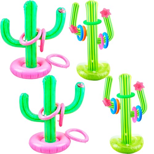 Cotiny 4 Set Inflatable Cactus Ring Toss Games Includes 4 Pcs 25 Inch Large Inflatable Cactus and 16 Pcs Blow Up Ring Toss for Summer Pool Water Games Mexican Party Decorations, 2 Colors