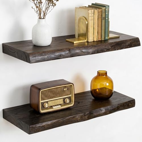 Image of Dreamland 18 Inch Long Floating Shelves Set of 2, Rustic Solid Elm Wood Live Edge Floating Shelf Wall Mounted, 8 Inch Deep Wall Shelves with Invisible Bracket for Living Room Bathroom Kitchen, Walnut