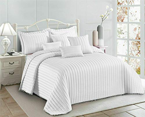 Prime Linen 3 Piece Quilted Bedspread Embossed Pattern Comforter Bedding Set Bed Throw with Pillow Shams (Pom Pom White, Super King)