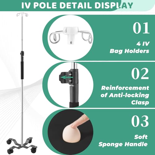 Crilealym IV Pole with Wheels,48 to 95In Portable IV Floor Stand with 4 Hooks IV Bag Holder Stand Telescopic Feeding Pump Stand Stainless Steels Pipe Extension Pole IV Influsion Pole (48-95in)