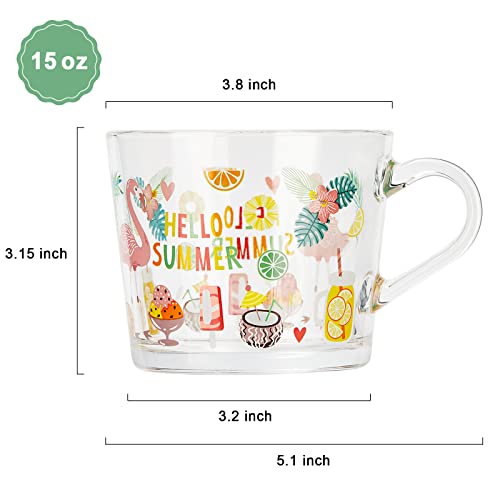 Coffee Mugs Set Of 2,15 Ounce Large Clear Printed Glass Cups With Handle,Perfect For Breakfast Tea,Milk,Beverage,Oats,Yoghurt-Fresh Summer Style(Tropical Flamingo) #TOP1