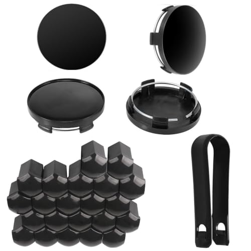 4 pezzi Coprimozzo 60mm + 20 pezzi Tappi Dado Copridadi Ruota 17mm Set Tappi Mozzo Universale Nero Compatibile con VW e Audi ecc Ruote in Alluminio + Viti ruota Centri Mozzo Tappi per Auto Dadi