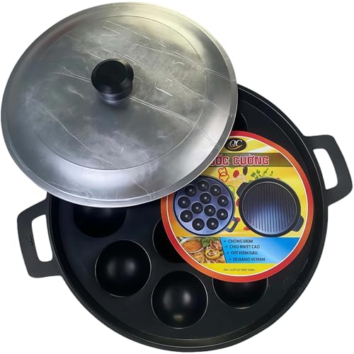 Eiqijci Banh Khot Pan with Lid (Khuon Banh Khot) 8-Cup Vietnamese Pancake Mold 25 cm Round Aluminum Pan ~2.36 Cups Classic Domed Aluminum Lid for Gas/Electric Stovetop Home Street-Food Snacks