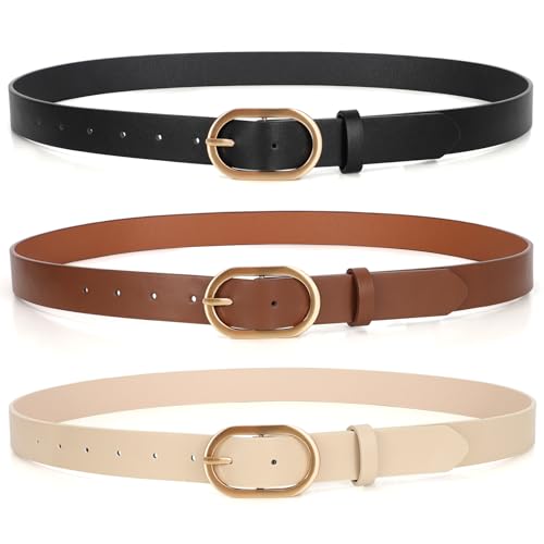 XZQTIVE 3 Pack Plus Size Women's Leather Belts for Jeans Pants Dress Fashion Gold Buckle Ladies Waist Belt,Black Beige Coffee