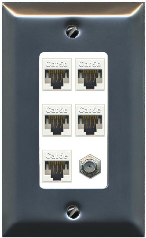RiteAV 5 Port Cat5e Ethernet and 1 x Coax Wall Plate - 1 Gang Decorative [Stainless/White]