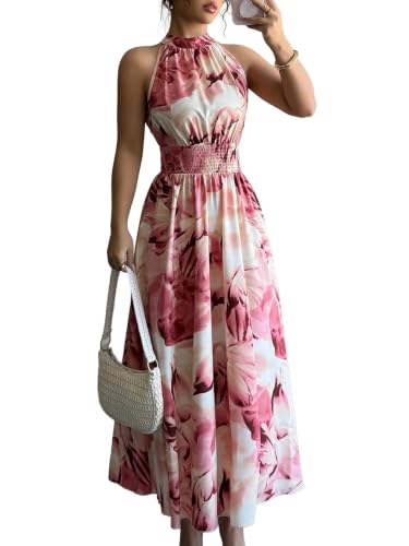 Women Summer Smocked Waist Floral Maxi Dress RoseRedWhite S