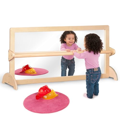 Image of KRAND 3-Position Montessori Wood Frame Non-Shatter Safety Pull Up Bar Baby Big Mirror Set, Infant Coordination Mirror, Kids Classroom Furniture for Daycare, Homeschool or Preschool