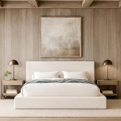 Cloud Frame Square Bed Washable Cover - Soft Upholstered Linen - Minimalist Modern - Sold Separately (Waterproof White Linen Queen Base)