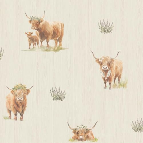 Image of Holden Scottish Highland Cow Wallpaper, Neutral (14382)