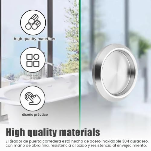Miniatura 3 de Liuzhuj 2 Piezas Ronda Tirador Puerta Corredera, Tiradores Adhesivos De Acero Inoxidable 304, Tirador Empotrado Redondo Plata, Para Puertas De Baño, Puertas De Cocina Y Puertas De Dormitorio