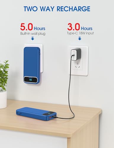 Image of Nusyddy Portable Charger 12000mAh 22.5W w /Built-in Cables & Wall Plug Navy | 22.5W Fast Charging, LED Display, Pass Through Charging, TSA Approved, Portable & Slim, Power Bank for iPhone, iPad, Samsung