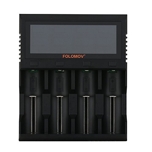 8Amps Fast Charger for 4 Slots, Single Slot Max 3 Amps, with STN Screen Display, Support 26650 21700 18650 16340 Li-ion Battery, LiFePO4 and NIMH/NICd, Folomov A4 Charger