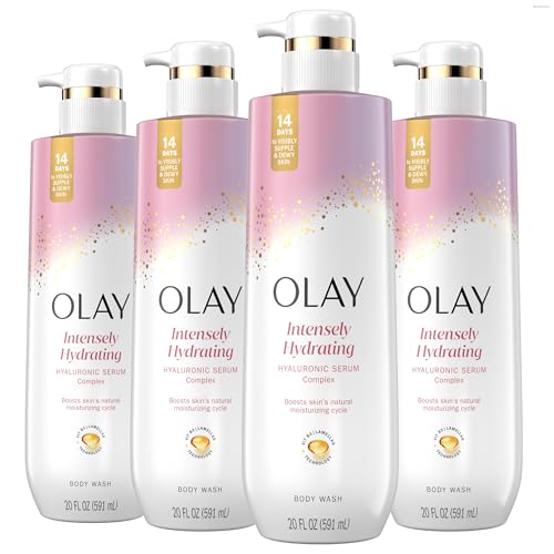 Olay Body Wash for Women, Intensely Hydrating, Hyaluronic Acid Serum Complex, Renews Moisture, Free of Parabens & Phthalates, Vitamin B3 Lameller Technology, For All Skin Types, 20 fl oz (Pack of 4)